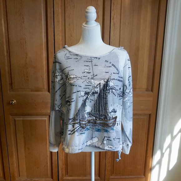 💚 VINTAGE BONNIE BOERER & CO. Beaded Boat/Map Top (M) - Picture 2 of 15